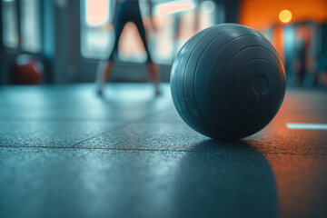 Close-Up of Medicine Ball on Gym Floor