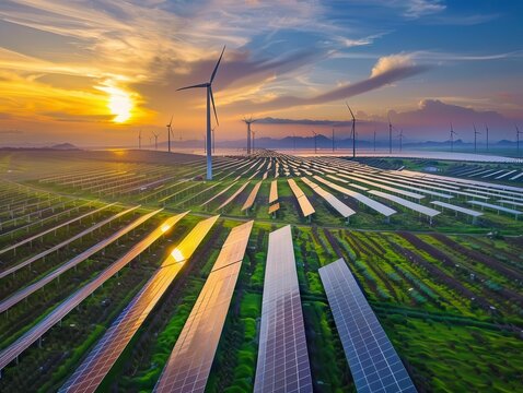 aerial view of vast renewable energy farm rows of solar panels and wind turbines stretch to the horizon dramatic lighting showcases the scale of green technology implementation