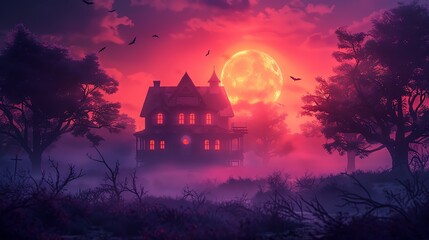 Spooky haunted house with a red moon in the background
