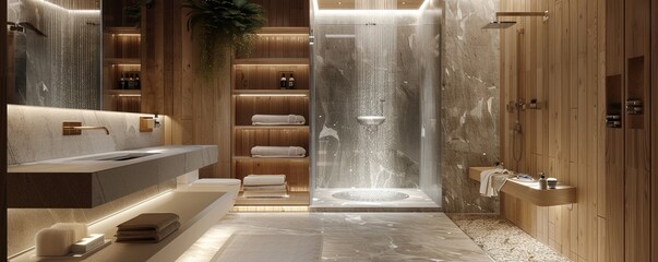 Spa-like bathroom with a rain shower and marble accents.