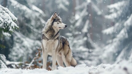 Obraz premium A majestic Alaskan Malamute standing proudly in a snowy forest, with pine trees covered in snow in the background, with ample copy space, no text,