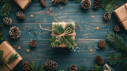 Flat lay with xmas decorations pine cones gift boxes on wooden Christmas background