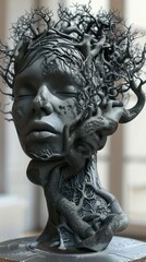 Fototapeta premium A hauntingly beautiful sculpture of a woman's face, her features twisted and distorted by the branches of a tree that are growing out of her head