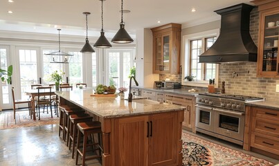 Stylish suburban home with large, open kitchen.