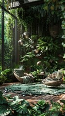 Photo of a lush indoor garden with two chairs and a table