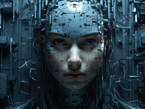 Futuristic robot with a human face, intricately designed with advanced technology, depicting artificial intelligence and cybernetic innovation.