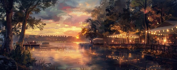 Enchanting Lakeside Dining Experience: Cozy Restaurant at Sunset in Fantasy Setting with Warm Lighting and Outdoor Seating