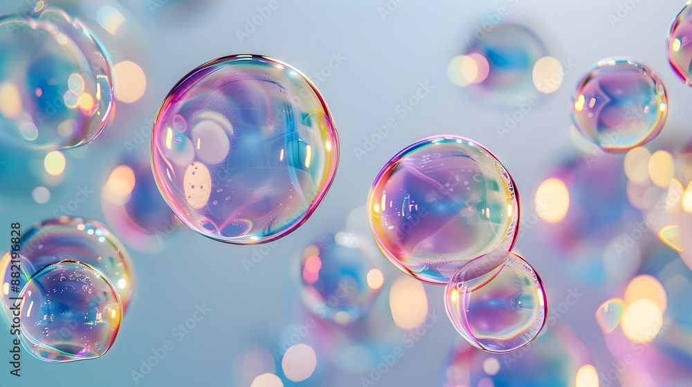 Poster enchanting iridescent bubbles floating in dreamy gradient space