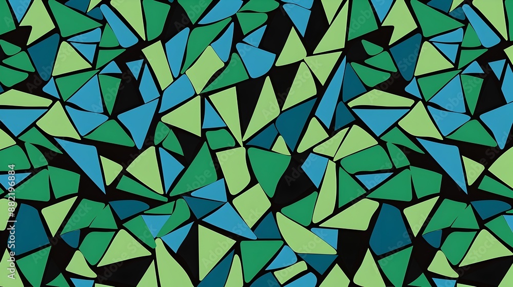 Poster vibrant abstract geometric mosaic pattern with triangular shapes in green and blue tones