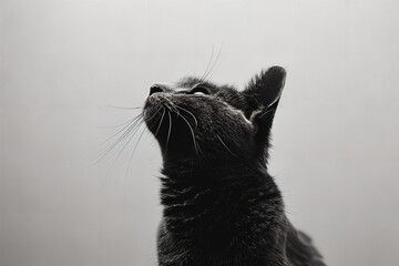 a black and white photo of a cat looking up
