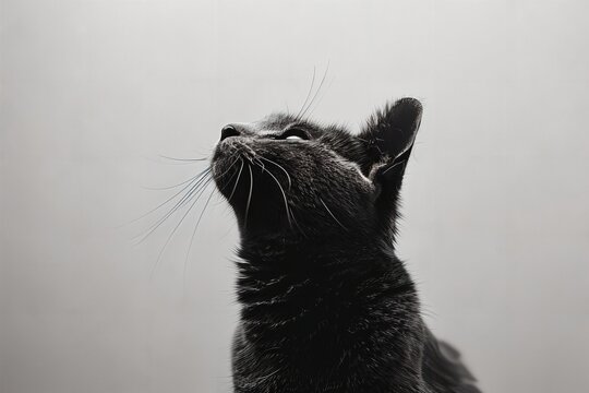 a black and white photo of a cat looking up