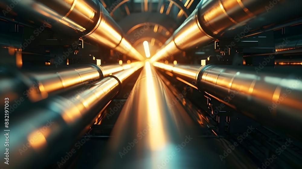 Aufkleber Glowing Metallic Tunnel of Convergent Lights and Shapes in Futuristic Abstract Architecture