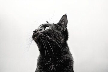 a close up of a black cat looking up