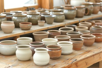 A variety of handmade pottery displayed on a table, showcasing artisan skills
