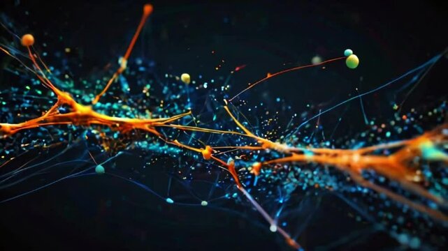 A neural network with interconnected nodes and synapses, data flows as luminous particles network, symbolizing high-speed data transfer for AI analysis, 4K Wallpaper animation video