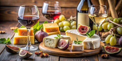 Wine and Cheese Pairing with Figs on Wooden Board, wine , cheese , fig , grapes