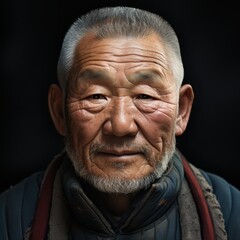 Obraz premium A portrait of an elderly man with a serene expression, showcasing deep wrinkles and wise eyes against a dark background.
