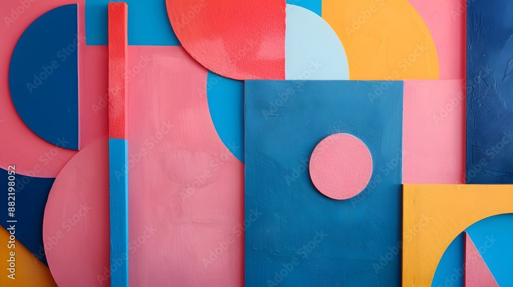 Poster vibrant geometric abstract composition with colorful shapes and patterns