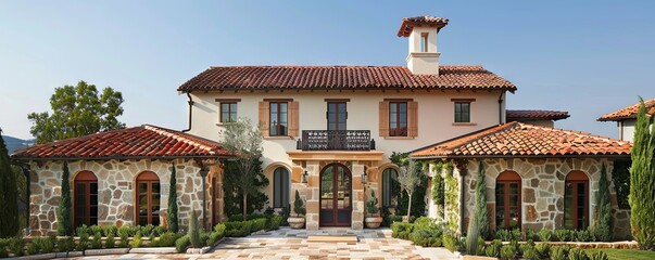 Tuscan-inspired villa with a tiled roof and wrought iron accents.