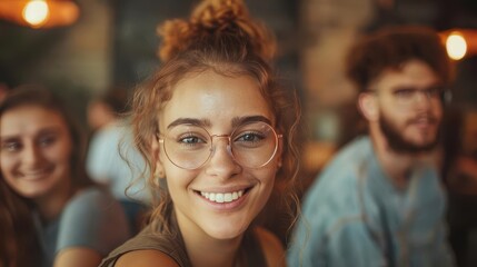 Fototapeta premium smiling young woman with glasses and a group of people