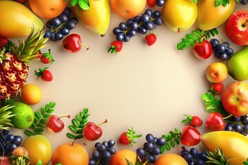 3D rendered image of a variety of fruits arranged beautifully on a solid background