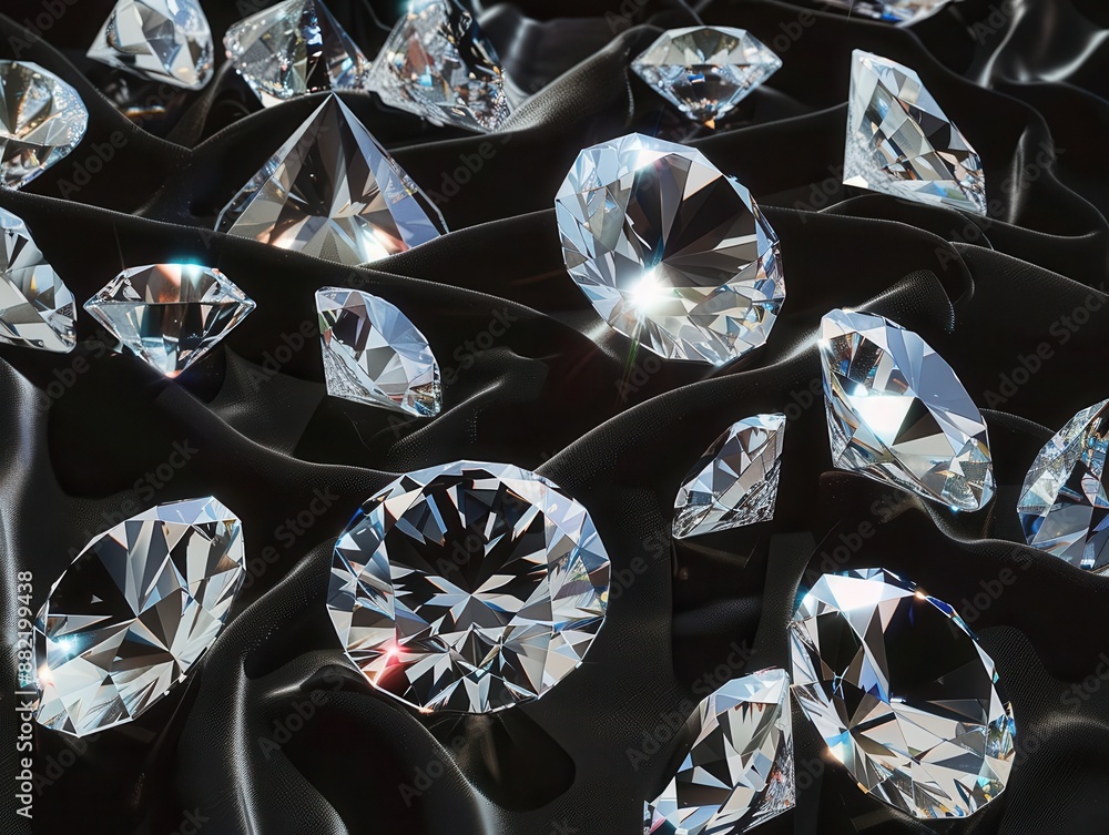 Poster collection of precisely cut diamonds arranged on black velvet each facet catching and refracting lig