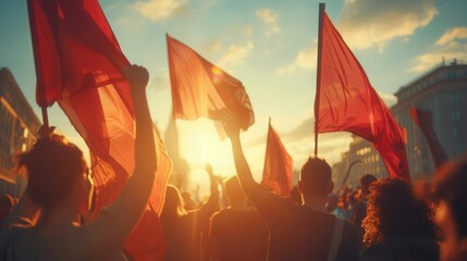 group of people holding red flags in the sun