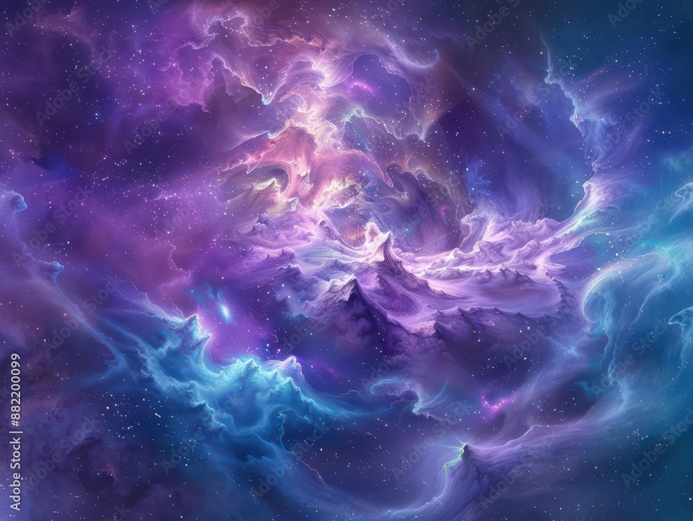 Poster cosmic nebula with swirling purple and blue gases sparkling with countless stars ethereal wisps of s