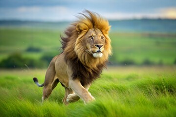 A male lion with a full mane runs through a field of tall green grass, his mane blowing in the wind. The lion is in focus, with the background slightly blurred. 
 Generative AI