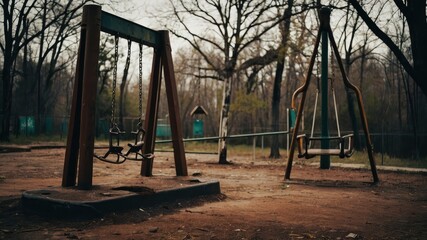 Empty swings in a desolate, autumn park with rusty structures and bare trees evoke nostalgia, solitude, and a hauntingly scenic atmosphere