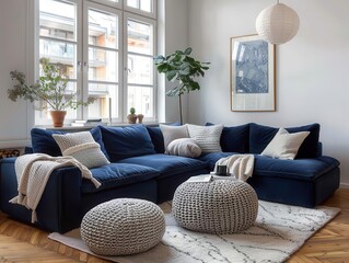 cozy scandinavian living room with plush navy corner sofa accented by two whimsical knitted poufs warm wooden floors contrast with minimalist white walls and large windows