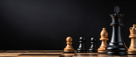 Chess pieces on a wooden board with a dark background, evoking strategy, competition, and intellectual challenge  Ideal for strategic game events or tournaments