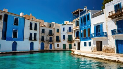 Obraz premium Scenic Mediterranean town with blue and white buildings by the sea, ideal for a tranquil vacation, summer getaway, or cultural exploration