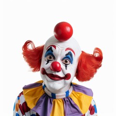 Portrait of sad clown looking at camera isolated on white background. Circus clown close up