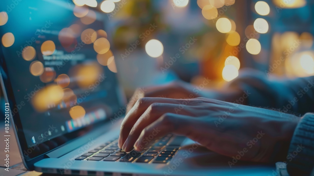 Aufkleber Close-up of hands typing on a laptop keyboard in a dimly lit room with bokeh lights. Concept of remote work and digital technology.
