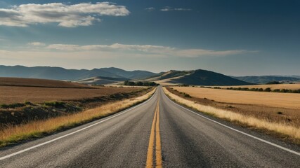 Fototapeta premium An open rural road stretches into the horizon under a clear sky, perfect for depicting travel, adventure, and the beauty of the countryside