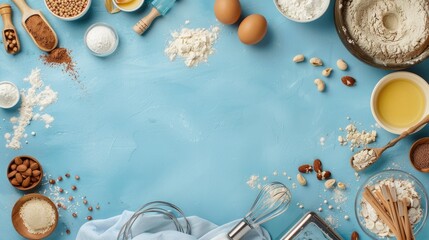 Top view of baking ingredients with blue background