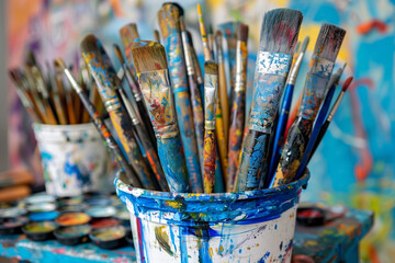 used paint brushes in can