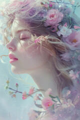 Naklejka premium ethereal portrait of woman with fairy flowers in her hair