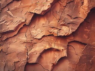 Naklejka premium dramatic closeup of weathered red sandstone cliff face showcasing intricate patterns of erosion and deep fissures warm sunset light accentuates rich terracotta hues