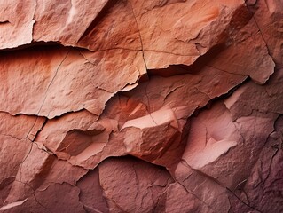 Naklejka premium dramatic closeup of weathered red sandstone cliff face showcasing intricate patterns of erosion and deep fissures warm sunset light accentuates rich terracotta hues