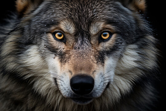 Face of wild wolf with yellow eyes