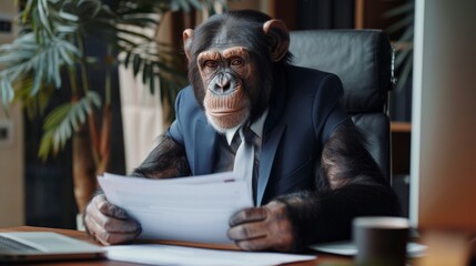 The monkey works in the office. An animal in a corporate business environment. 
Dressed in a suit and tie, he works with documents.
