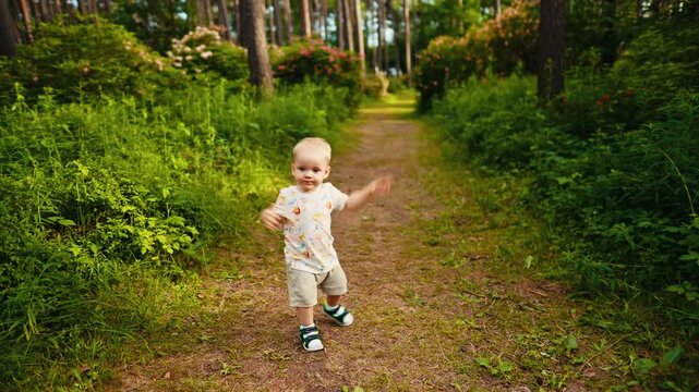 A child is freely exploring a forest path in summer, enjoying an adventure surrounded by lush greenery