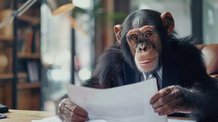 The monkey works in the office. An animal in a corporate business environment. Dressed in a suit and tie, he works with documents. 