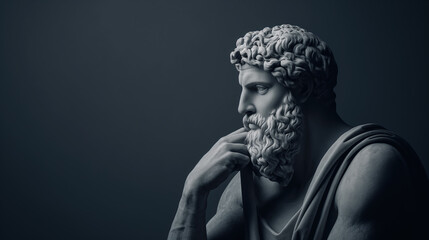 Ancient Greek statue, beard male is thinking on dark gray background