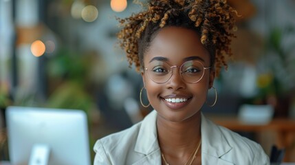 Obraz premium Professional black business woman with short hair and glasses laughing at office desk
