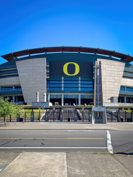 Eugene, Oregon, USA - July 14, 2022: Facade and main entrance of Autzen Stadium against blue sky
