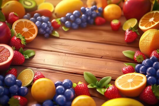Colorful and delicious fruits arranged beautifully on a wooden table