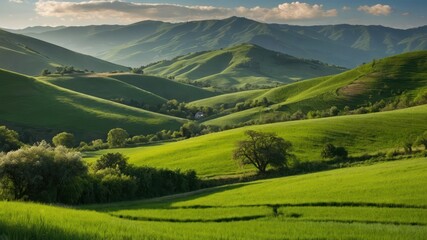Obraz premium A serene green landscape with rolling hills and mountains, perfect for relaxation, hiking, and nature inspired travel